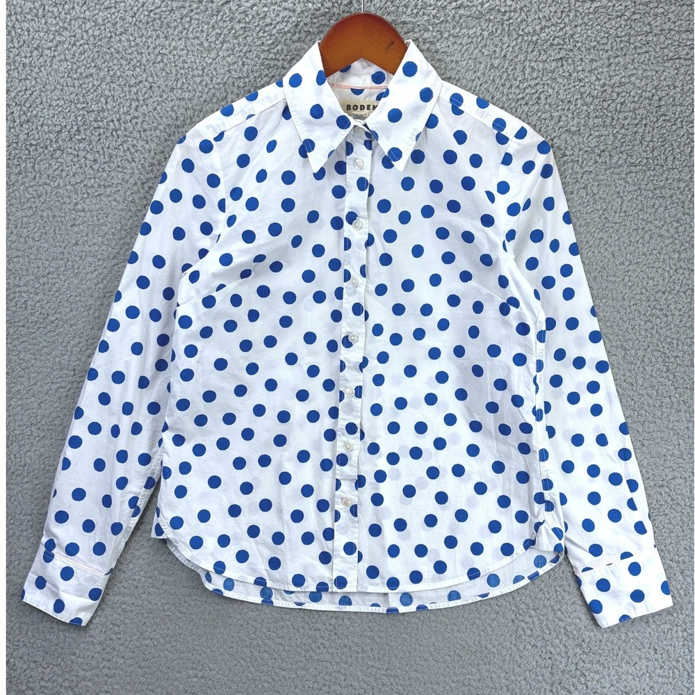 Boden Polka Dot Button Down Shirt Womens 4 White Blue Preppy Business Casual
